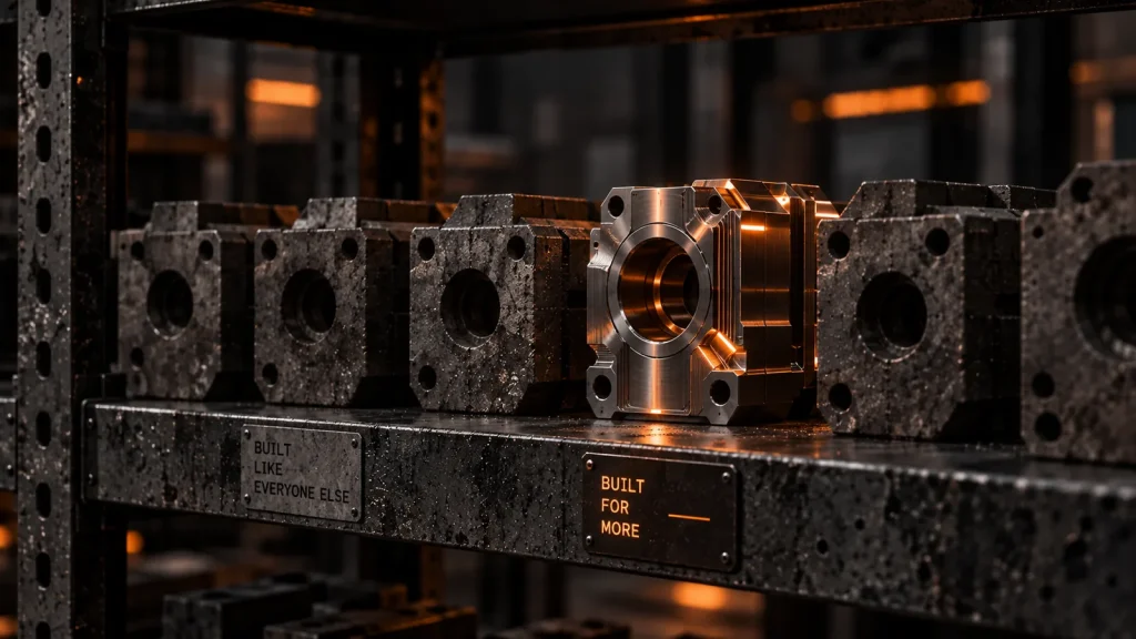 Polished industrial component standing out among rough parts