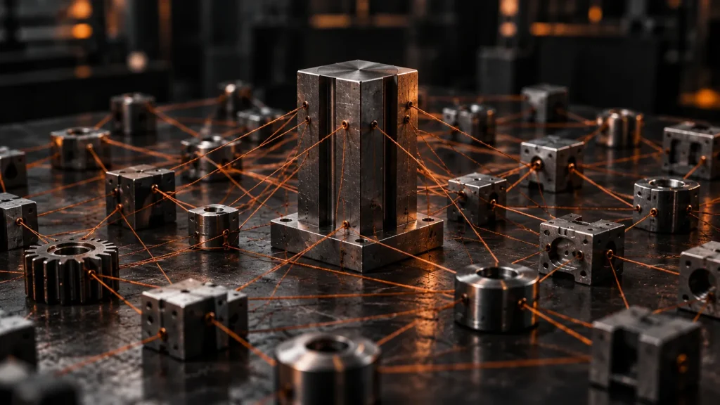 Central industrial block connected to a network of smaller elements