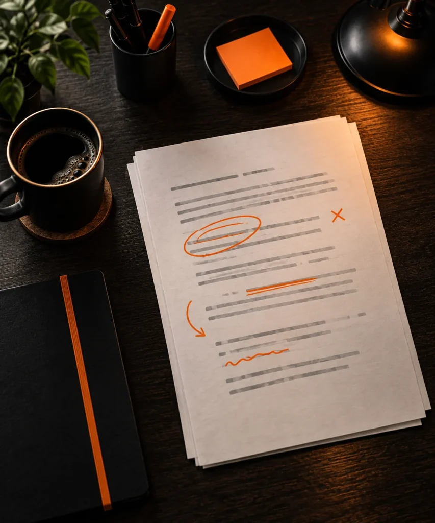 Editorial writing desk visual with orange markup