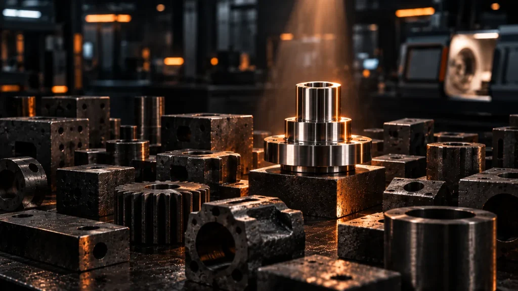 Polished industrial component standing out among rough parts