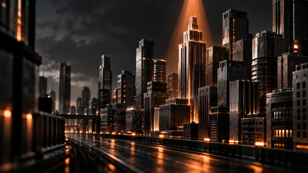 Industrial cityscape with a selected building for choosing an SEO agency