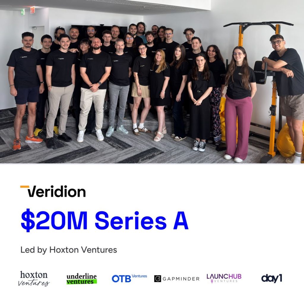 Veridion team photo with $20M Series A announcement led by Hoxton Ventures